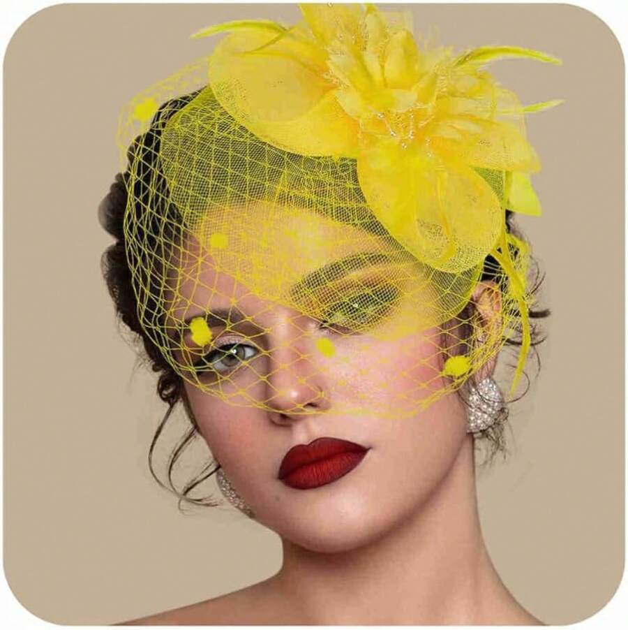 Fascinators Hats Women Tea Party Hat Mesh Headband Vintage Lace Cocktail Headwear Hair Clip Church - 黃色 - 查看 1