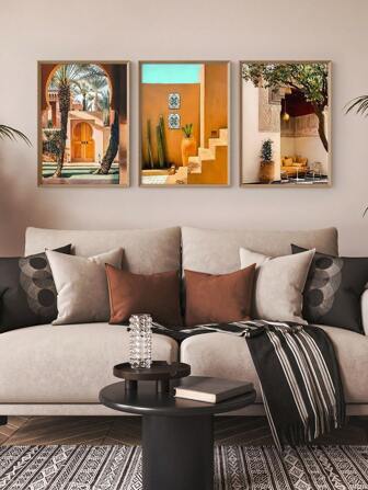 3 Pieces Moroccan Scenery Canvas Posters Courtyard Palm Trees Wall Pictures Cactus Print Paintings Orange Architecture Hanging Pictures Exotic Art Painting Posters Apartment Hallway Decor Pictures No Frame