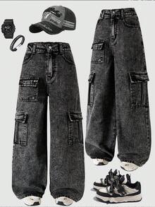 青少年男童休闲工装阔腿纽扣口袋牛仔裤