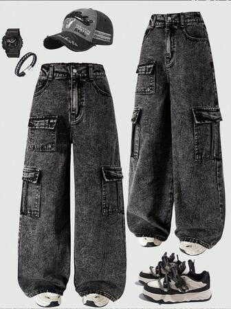 青少年男童休闲工装阔腿纽扣口袋牛仔裤