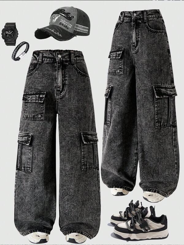 Tween Boys' Casual Cargo Wide Leg Button Pocket Jeans