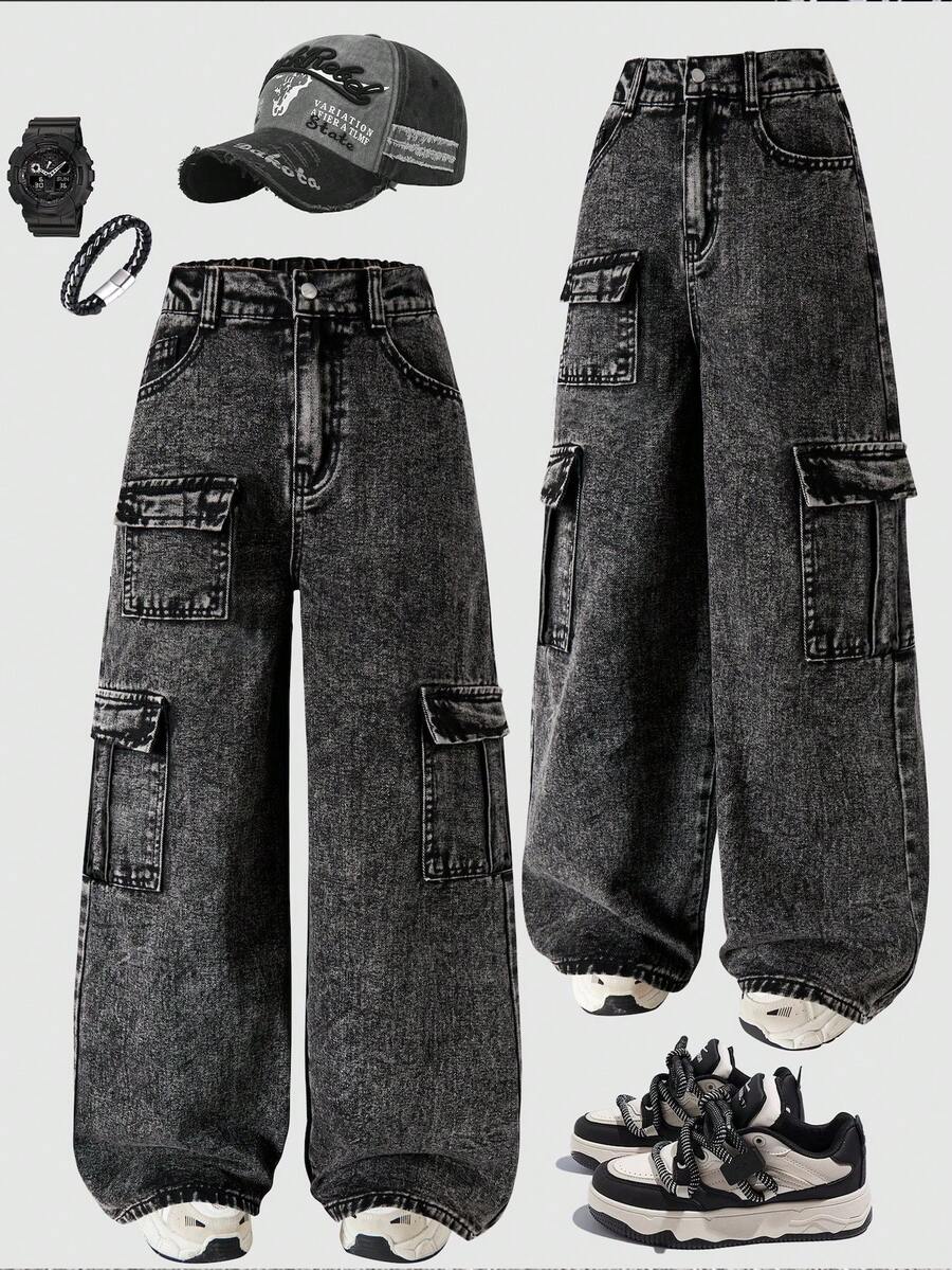 青少年男童休闲工装阔腿纽扣口袋牛仔裤