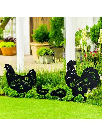 4pcs Metal Chicken Family Outdoor Decor, Creative Garden Yard Lawn Ornaments, Farmhouse Home Decor, Chicken Figurines, Ideal For Easter Decoration