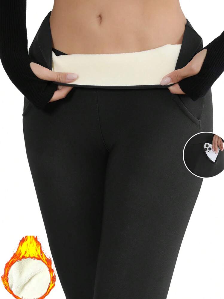 1pc Women's Black Solid Color Elastic Waist Leggings,Thermal Lined With 2 Side Pockets - Autumn/Winter Warm Staple,Fleece - Black - View 6