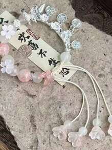 1pc New Elegant Chinese Style Pink Floral Auspicious Beaded Adjustable Bracelet, High-End Women Jewelry Accessory