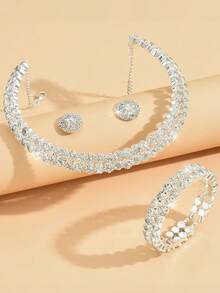 4 件套铜镶嵌耳环、手链、项链首饰套装，适合女性在派对、节日、婚礼上佩戴 - 彩色 - 查看 3