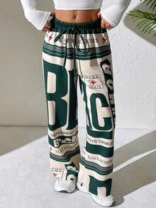 Pantaloni sport casual pentru femei, cu imprimeuri cu litere, dungi colorate, șnur de strângere și design cu picior drept. - Verde - Vizualizare 3