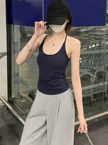 Summer Korean Style Fitted Padded Chest Versatile Backless Camisole Tank Top - Navy Blue - View 5