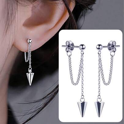 1对不锈钢锥形吊坠朋克耳环，带链子，低过敏性