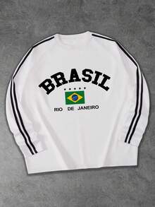 Shwiy 男士春夏时尚黑色缎带长袖T恤，饰有巴西国旗印花、简约字母和星星图案，适合上学、日常休闲穿着，也可作为男友礼物。 - 白色 - 查看 1