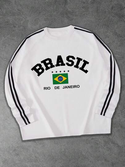 Shwiy 男士春夏时尚黑色缎带长袖T恤，饰有巴西国旗印花、简约字母和星星图案，适合上学、日常休闲穿着，也可作为男友礼物。