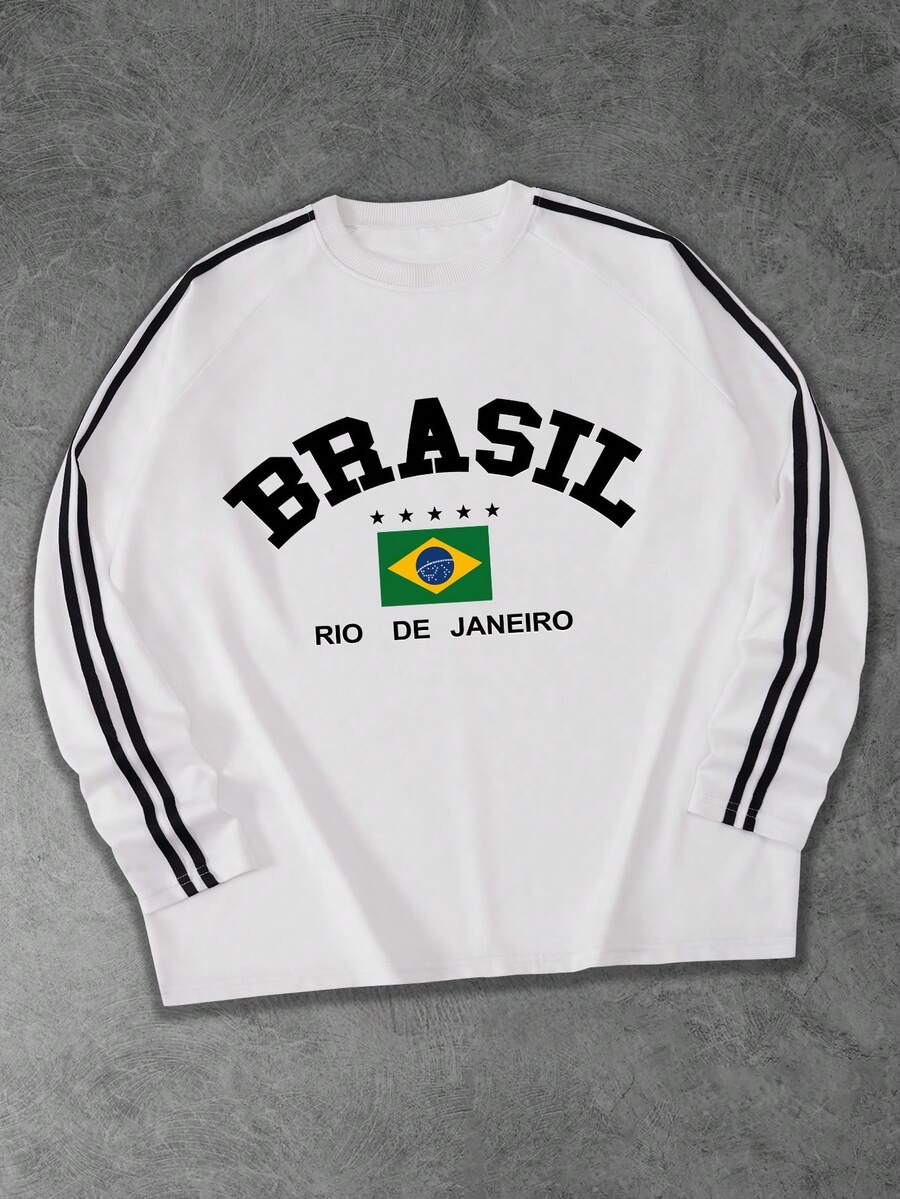 Shwiy 男士春夏时尚黑色缎带长袖T恤，饰有巴西国旗印花、简约字母和星星图案，适合上学、日常休闲穿着，也可作为男友礼物。 - 白色 - 查看 1