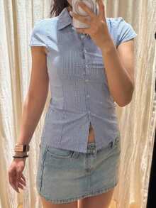 Mùa tốt nghiệp của các quý cô mùa hè này thật tinh khiết và thanh lịch. Đây là chiếc áo sơ mi tay ngắn đa năng có ve áo kẻ caro có thể mặc ở nhà và ra ngoài - Màu xanh lam - Xem 3