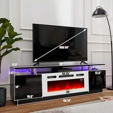 Modern High Gloss Fireplace TV Stand With 36"/40" Electric Fireplace – 70"/80" LED Entertainment Center, 2-Tier Cabinet For TVs Up To 80"/90" - Black & White - 查看 3