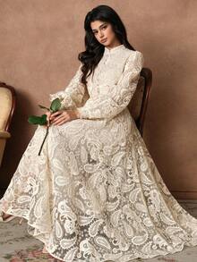 Savoree Đầm nữ mùa thu cổ đứng tay đèn lồng eo nhún thêu hoa bán trong suốt thanh lịch - Xem 5