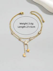 1 件女士金色不锈钢双层星月珍珠流苏脚链，时尚珠宝，18K 镀金，节日礼物 - 金色 - 查看 4