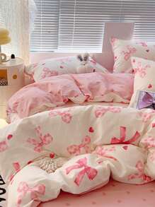 2/3件套蝴蝶结图案，清新可爱，提花工艺，超柔软，男女通用，适合学生、宿舍装饰，甜美可人，春夏被套枕套套装，提供单人床、双人床、大号双人床尺寸。 - 彩色 - 查看 5