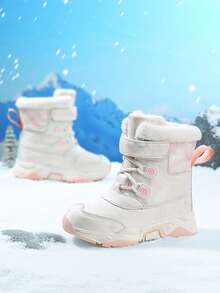 1 Pair Girls' Warm Thermal-Lined High-Top Snow Boots, Windproof, Anti-Slip, Durable, Pink, Suitable For Winter - White - View 6