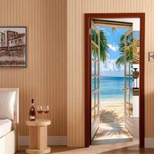 1/2pcs Blue Sky & Seascape Door Decal - Removable Self-Adhesive Tropical Beach Mural With Palm Trees & Ocean View, High-Quality Paper Suitable For Doors & Windows, Easy To Apply Home Decor, Plastic Surface Sticker Wall Stickers Wall Sticker Stickers Room Decor
