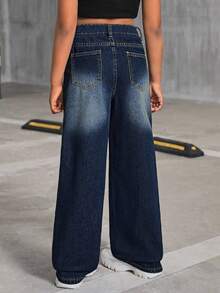 少女休闲海军蓝猫须做旧直筒牛仔裤 - 深色水洗藍 - 查看 2