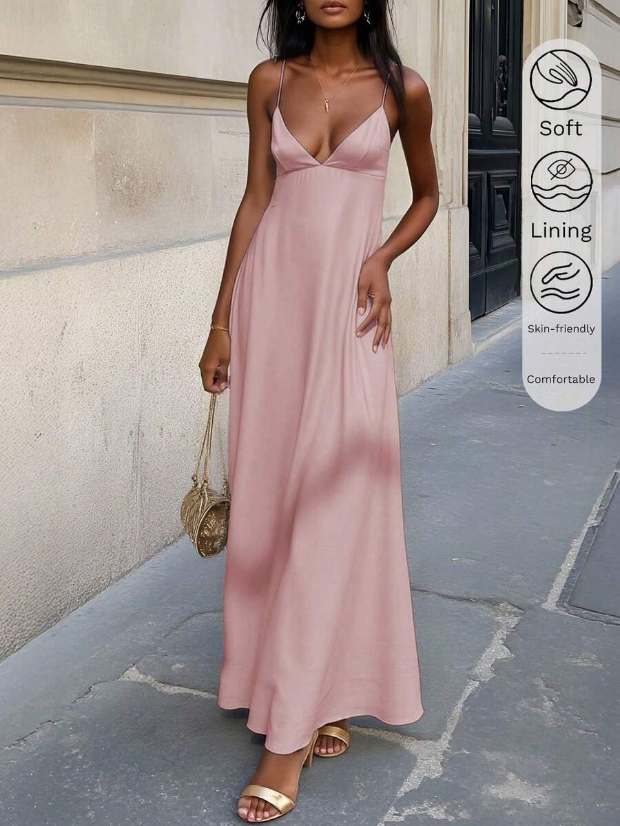 Women's Satin V-Neck Elegant Summer Maxi Dress, Silky Nightdress, Holiday Party Birthday Formal Occasion Dress - Pink - View 1