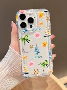 Summer Coconut Tree & Hibiscus Transparent Phone Case Compatible With IPhone 16/11/12/13/14/15/15Pro/15Plus/15ProMax/7Plus/8Plus/X/XSMax/XR/11Pro/12Pro/13Pro/14Pro/12Mini/13Mini/11ProMax/12ProMax/13ProMax/14Pro/14Plus/6/6S/6Plus/7/8/16Pro/16Plus/16ProMax/SE - Multicolor - View 3