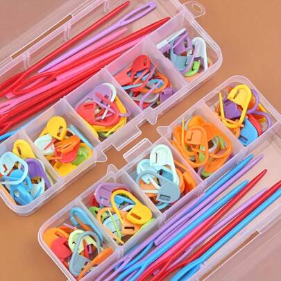 61pcs Crochet And Knitting Accessories Tool Set - Multi-Color Patchwork Stitch Markers, Plastic Sewing Needles, For Weaving, Sewing And Knitting DIY Crafts, Includes Multiple Storage Boxes
