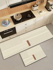 1pc Silica Gel Kitchen Mat, Light Beige Base With Light Fine Stripes, Surface Features Geometric Patchwork Design With Embedded Dark Brown Rectangular Blocks, Presenting A Modern Geometric Patterned Design, Luxury And Fashionable Kitchen Carpet With Cushioning And Anti-Fatigue - Multicolor - View 2