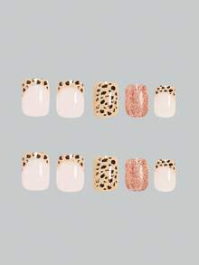 用 24 片短方形指甲贴表达您的爱意，简约时尚黄色法式黑斑豹纹假指甲，优雅豹纹法式红色闪光假指甲，全覆盖假指甲，适合女性和女孩，包括 1 张粘合标签和 1 件迷你锉刀果冻凝胶，随机发货美甲用品指甲 - 棕色 - 查看 3