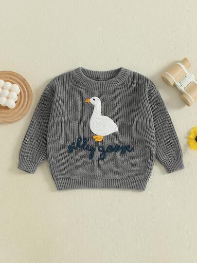 Toddler Baby Boy Girl Knit Sweater Silly Goose Embroidery Long Sleeve Knitted Sweatshirt Warm Fall Winter Clothes