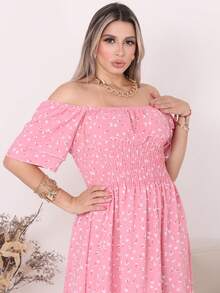 Women's Long Midi Dress With Puffer Sleeves And  Frills, Off-The-Shoulder, Tres Marias Floral - BUNGA MAWAR KECIL - View 1