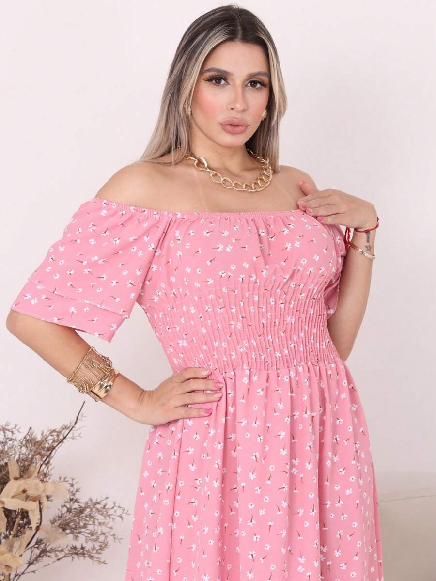 Women's Long Midi Dress With Puffer Sleeves And  Frills, Off-The-Shoulder, Tres Marias Floral - BUNGA MAWAR KECIL - View 1