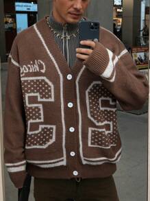 Cardigan vintage alla moda con scollo a V, stile college americano, con motivo jacquard numerico, maniche lunghe, bottoni, per uomo, adatto per autunno/inverno