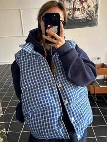 Women's Korean/Japanese Style Casual Blue Plaid Vest, Layered Outerwear, Sleeveless, Loose Cotton Jacket, Autumn/Winter