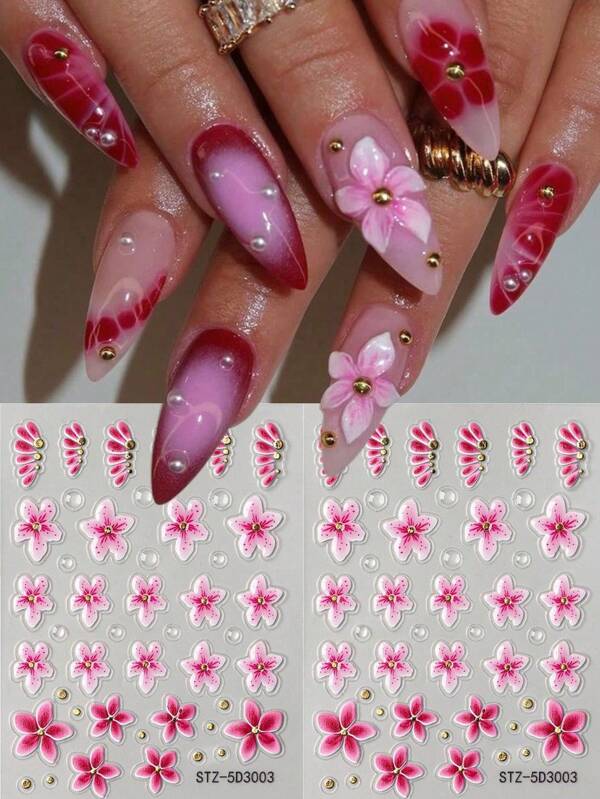1pc Pink Hibiscus Floral Fairy Orchid 5D Embossed Wedding Nails Art Stickers,Colorful Flower Petal Bubble Golden Beads Soft Engraved Slider Nail Decals DIY Nail Supplies Charms Decorations
