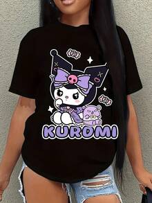 SANRIO Women's Short-Sleeved Crew Neck Casual T-Shirt With  Print. Made Of Pure Cotton. Machine Washable. Suitable For All Seasons. Summer Wear. Fun, Sexy, Avant-Garde And Personalized Design. Opaque Fabric. - 黑色 - 查看 1
