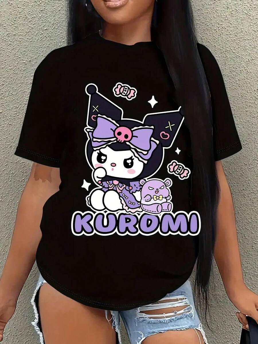 SANRIO Women's Short-Sleeved Crew Neck Casual T-Shirt With  Print. Made Of Pure Cotton. Machine Washable. Suitable For All Seasons. Summer Wear. Fun, Sexy, Avant-Garde And Personalized Design. Opaque Fabric. - 黑色 - 查看 1