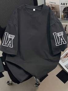 青少年男童复古洛杉矶学院风短袖宽松柔软凉爽T恤，休闲校园夏季上衣 - 深灰色 - 查看 2