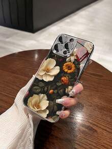 1pc Fashionable Retro Floral Pattern Tempered Glass Material With Lens Film Electroplated Anti-Fall Scratch-Resistant Anti-Fingerprint TPU Full Edge Soft Phone Case Compatible With Apple Models - Multicolor - View 3