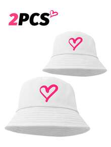 Set de 2 sombreros de cubo con estampado de corazón a juego para padres e hijos, con opciones de multicolor, adecuado para salidas familiares, picnics y vacaciones - Multicolor - Ver 12