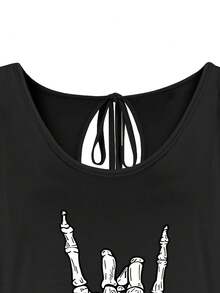 Plus Size, Women's Black & White Skull Fingerprint Graphic Oversized T-Shirt - Cold Shoulder Strapless Top, Gothic Punk Rock Style Everyday & Halloween Party Outfit - Plus Size Friendly Casual Shirt For Women, Medium Stretch Fabric - 黑色 - 查看 5