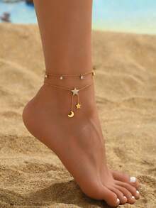 1 件女士金色不锈钢双层星月珍珠流苏脚链，时尚珠宝，18K 镀金，节日礼物 - 金色 - 查看 3