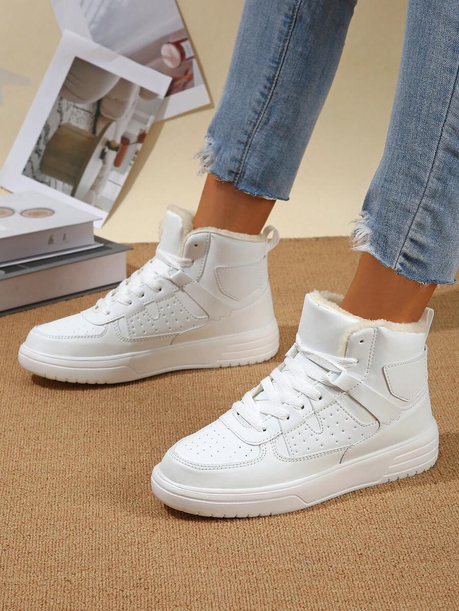 Korean Ins Style Women's Casual High-Top Sneakers, Pure White, Fleece Lining,Versatile And Fashionable, Suitable For Urban Commuting, Comfortable Soft Sole, Round Toe Lace-Up - trong khi - Xem 1