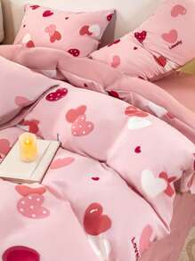 2/3件套浪漫爱情主题提花床上用品套装，超柔软，男女皆宜，学生宿舍理想之选，甜美可爱，水洗磨毛被套和枕套套装，春夏款，可选单人/双人/特大号尺寸