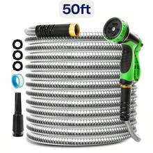 50/100 Feet Garden Stainless Steel Water Hose With Three Fittings Sprinklers & 10 Nozzles Flexible Durable Kink-Free Puncture Resistant Metal Hose For Patio Outdoor Use - 50ft - Xem 1