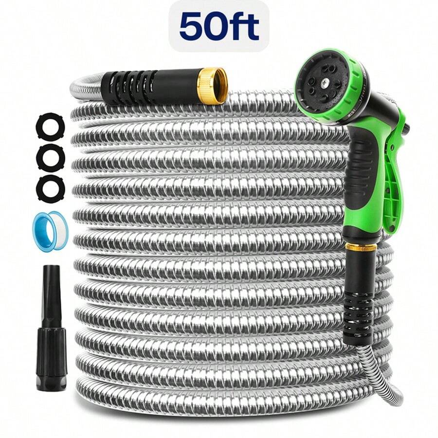 50/100 Feet Garden Stainless Steel Water Hose With Three Fittings Sprinklers & 10 Nozzles Flexible Durable Kink-Free Puncture Resistant Metal Hose For Patio Outdoor Use - 50ft - Xem 1