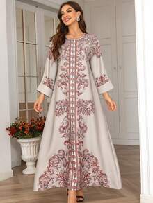 女士印花圆领钻石和珍珠装饰长袖 Jalabiya 连衣裙，优雅大方 - 2406-3 - 查看 4