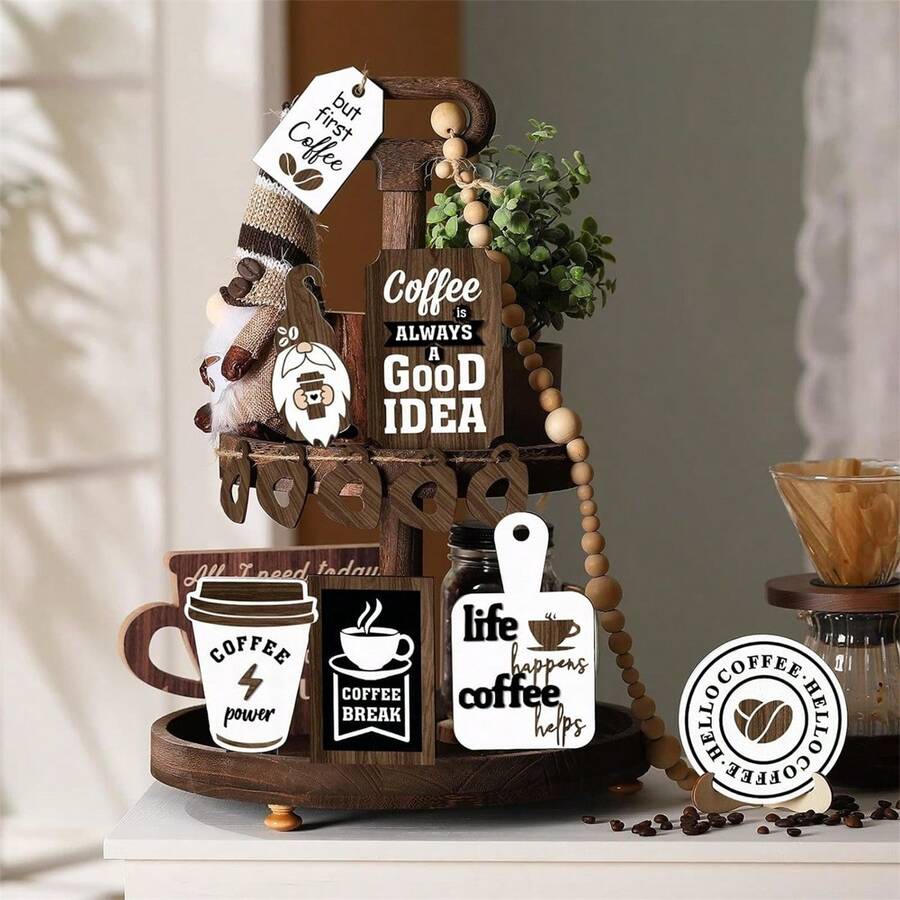 Rustic Home Tiered Tray Decorations Set Coffee Time Wood Signs For Bar Farmhouse Kitchen Table Shelf - Brown - View 1