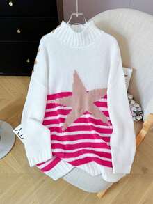 Ladies' Asymmetric Star Pattern Long Sleeve Loose Knit Sweater For Spring And Autumn [Back To School Season] - White - View 1