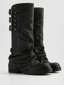 Knee High Boots For Women Y2K Fold Over Boots Round Toe Platform Chunky Heel Slouchy Boots For Women Punk Metallic Buckle Wide Calf Fold Over Boots - 黑色 - 查看 1